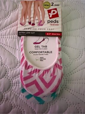 Ladies No-Show Cotton Socks - Pink and Blue Pattern (2 Pair)